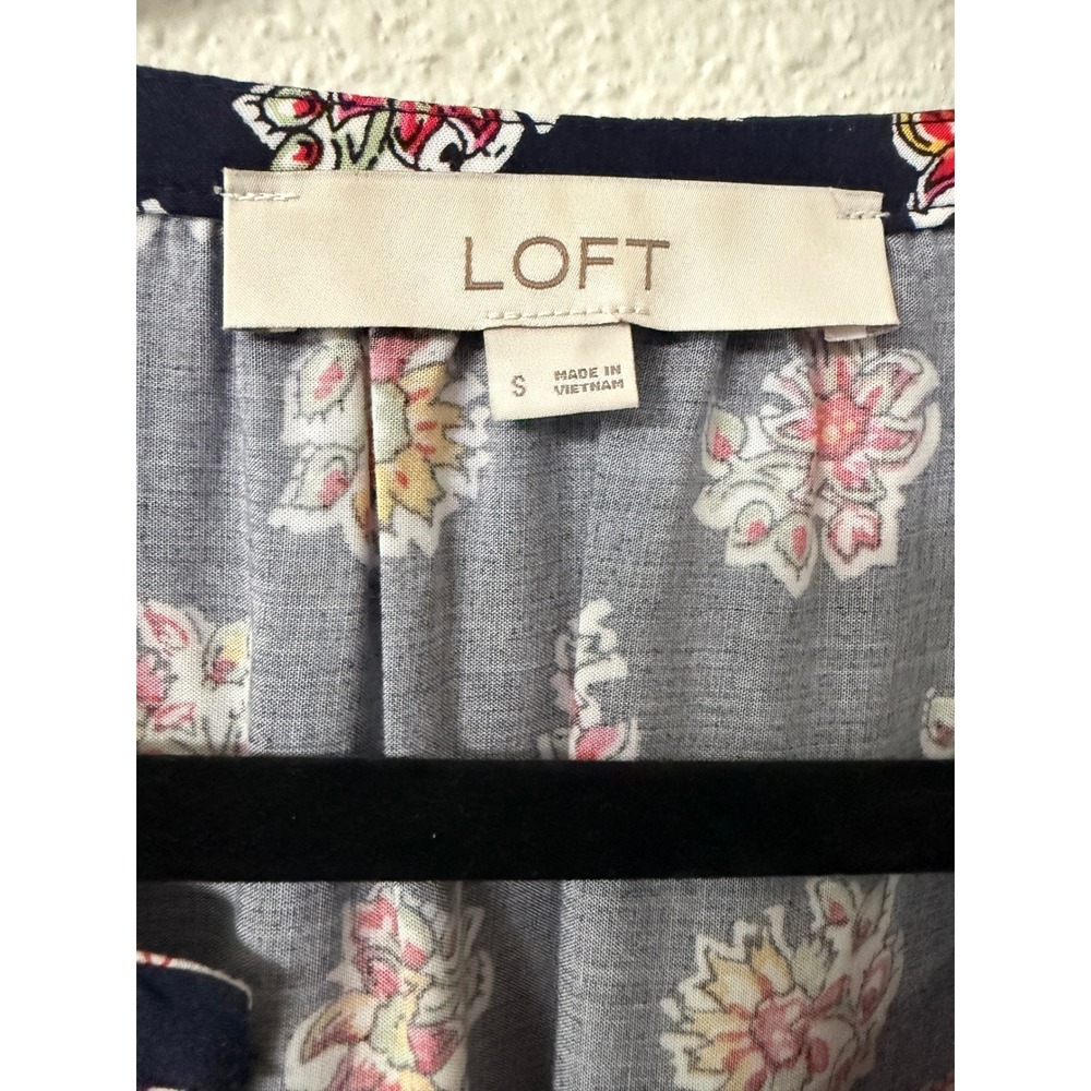 LOFT Womens Navy Blue Floral Boho Midi Dress Cap Sleeve Tassel Waist Small - Picture 5 of 11